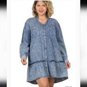 Denim Button Front Ruffle Mini Dress/Tunic - Plus Size 2XL